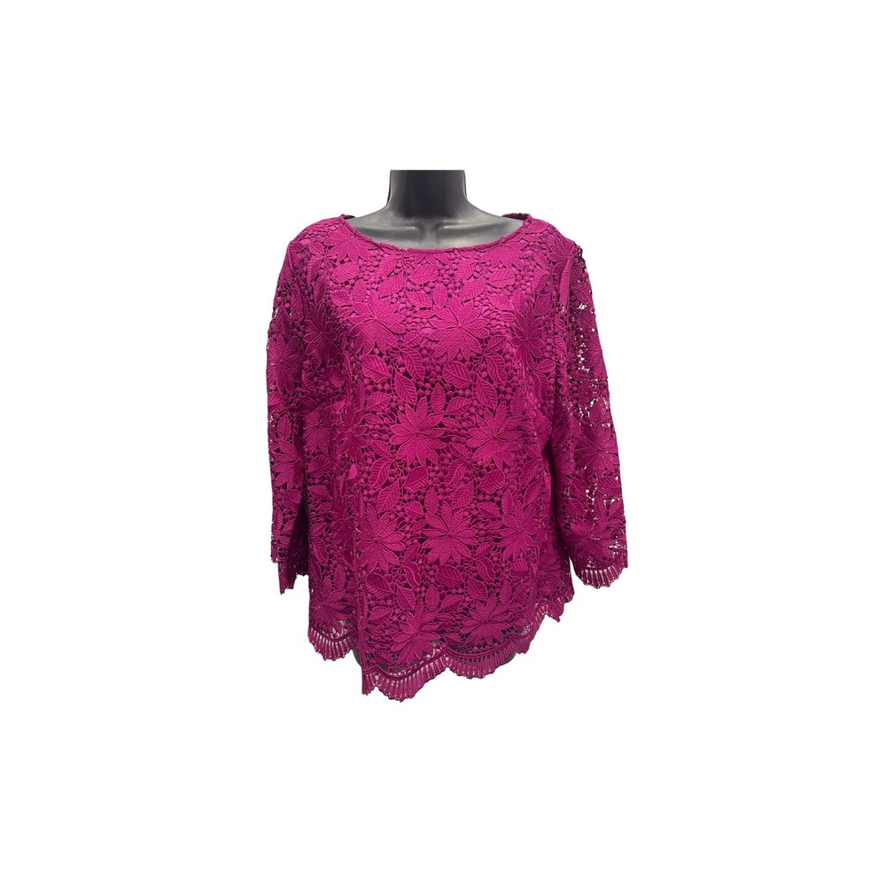 RSVP by Talbots women's Lace Top Magenta Floral 3/4 Sleeve Scalloped Hem Sz L - Picture 2 of 16